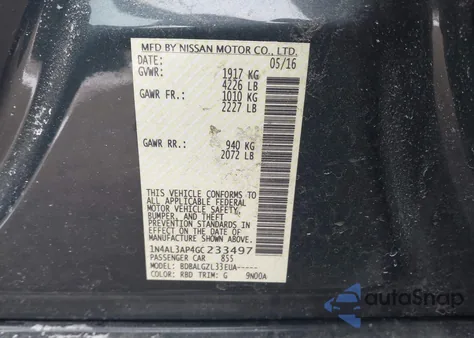 2016 Nissan Altima 2.5/2.5 S/2.5 Sl/2.5 Sr/2.5 Sv from USA, damaged, VIN 1N4AL3AP4GC233497